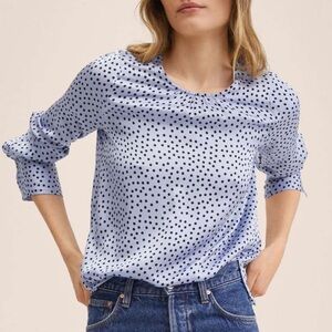 MNG Mango periwinkle blue polka dot satin long sleeve blouse size XS